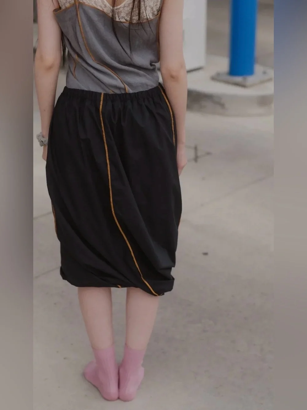 BASERANGE The Turn Skirt In Black Organic Cotton Contrast Stitch Twisted Seams